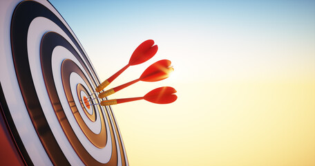 Close up shot of red three dart arrows hit on bullseye of dartboard in bright sunlight - 3D illustration