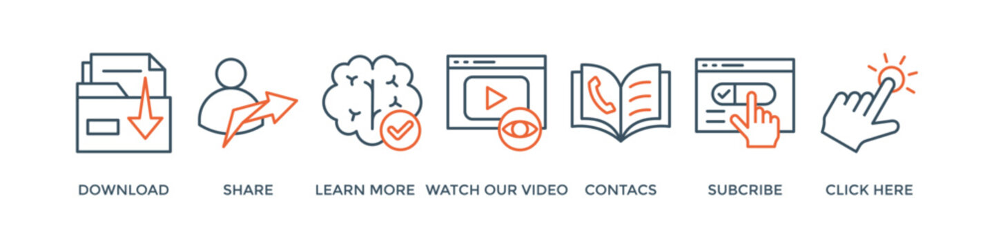 Call to action banner web icon vector illustration concept with icon of download, share, learn more, watch our video, contact us, subscribe, and click here