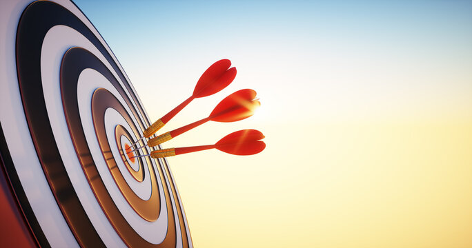 Close up shot of red three dart arrows hit on bullseye of dartboard in bright sunlight - 3D illustration