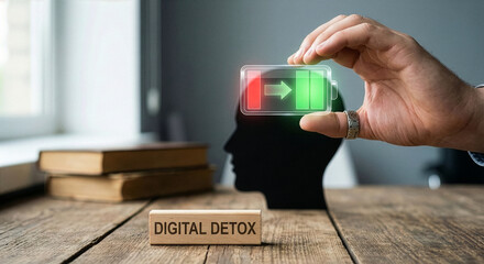 Digital detox trust recession mental recovery concept digital balance battery recharge stress relief hopeful focus calm mind reset lifestyle