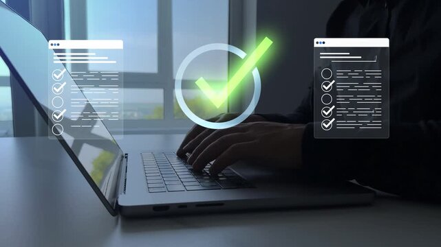 Business person in computer doing online data documentation checklist survey. Fast checklist,clipboard task business management.Productivity checklist and filling survey form online.	
