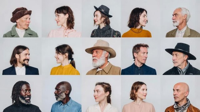 Diverse group of men and women shown in arranged portrait grid representing different ages professions cultures and identities illustrating modern society diversity inclusion and human individuality