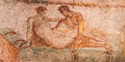 Pompeii, Italy. Fresco Sex Scene On Wall Of Lupanar Of Pompeii
