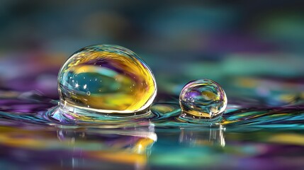 Macro Shot of Water Droplets on a Colorful Iridescent Surface with Golden Yellow Highlighted Reflection and Fine Details with Studio Lighting