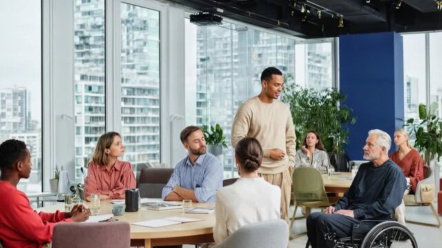 Multicultural business team seated in modern meeting room engaging in discussion brainstorming and collaboration highlighting inclusive contemporary corporate culture