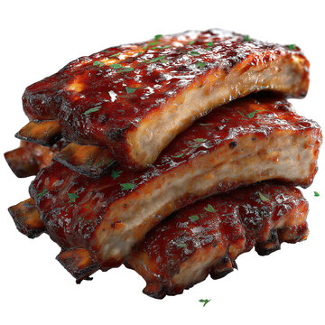 Stack of perfectly cooked barbecue pork ribs generously coated in a thick sweet and tangy glaze garnished with fresh parsley isolated on black background for food presentation.