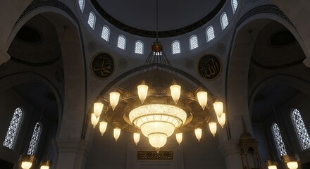 Obraz premium Elegant Mosque Chandelier Glowing During Ramadan Night Creating Calm And Sacred Islamic Interior Atmosphere In Ultra Realistic Cinematic Illustration Style