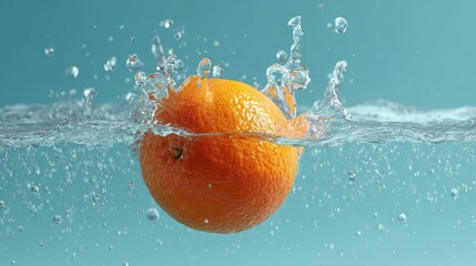 Orange Sphere Splashing into Water with Dynamic Droplets Against a Blue Background In Bright Studio Lighting