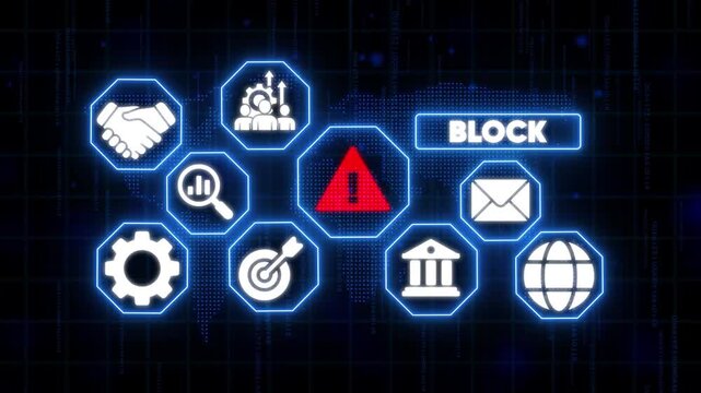 Blockchain security concept with warning sign and for business finance technology and communication on a digital background