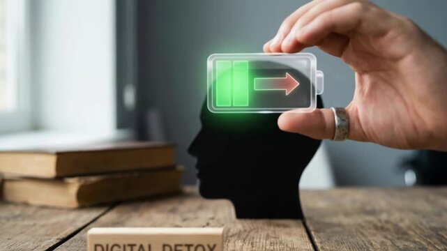 Digital detox trust mental recovery recession concept, human head silhouette with battery recharge symbol, wooden table books stress relief hope