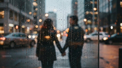 A couple holding hands in the rain. Urban reflections of human silhouettes symbolizing modern emotional connection.