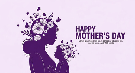 Obraz premium Mother's day greeting card with floral silhouettes of mother and child on purple background