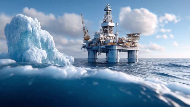 Oil Rig in Arctic: A formidable oil rig stands resolute amidst the icy expanse of the Arctic, under a tranquil sky, embodying industry's presence in a challenging environment.