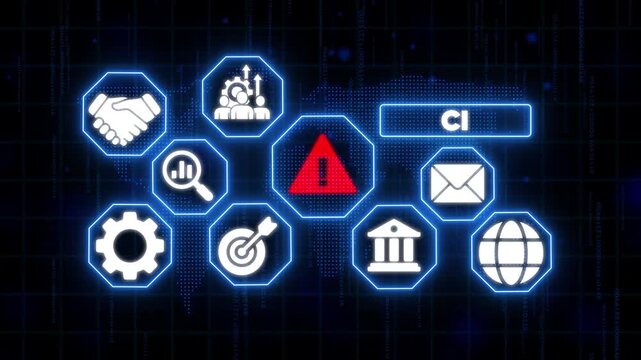 Business Warning Signs Set with C I Concept on Dark Background with Blue Neon Lights