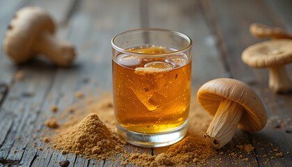 Golden adaptogenic mushroom elixir glows in a modern glass on rustic wood, surrounded by...