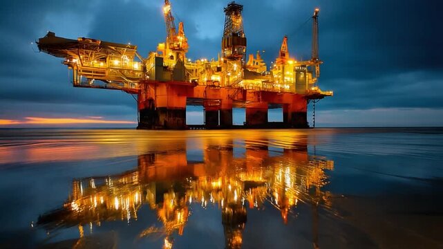 Illuminated Oil Rig at Dusk: A towering oil rig stands majestically against the twilight sky, its lights reflecting in the calm waters below, showcasing the energy industry's relentless operations.