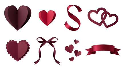 Burgundy paper heart set including 3D folded, scalloped, intertwined hearts, bows, and ribbons isolated. Valentine Day and wedding decoration collection.
