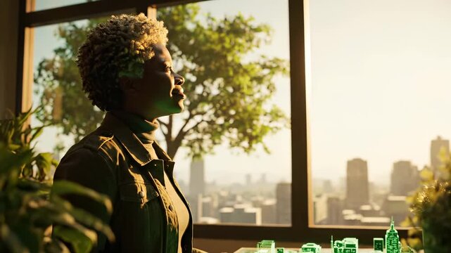 Person touches hologram on table near window. The person manipulates model while digital grid appears. Visual icons surround hologram. Light fills interior. Scene shows spatial layout and massing.