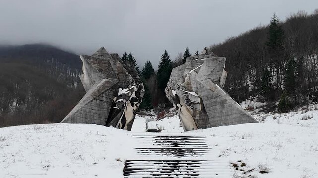Tjentiste monument in snow, Bosnia and Herzegovina