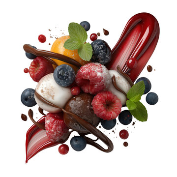 Decadent collection of frozen dessert spheres white chocolate dark chocolate mango and fresh berries drizzled artfully with rich chocolate sauce and bright fruit glaze