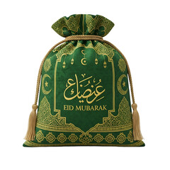 Green and gold Eid Mubarak decorative drawstring bag with Arabic script decorative bag