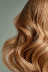 Fototapeta premium Sun-kissed honey-blonde hair extensions with tousled beachy waves fan out on muted sage green for haircare branding salon marketing cosmetic advertising fashion editorial retail design