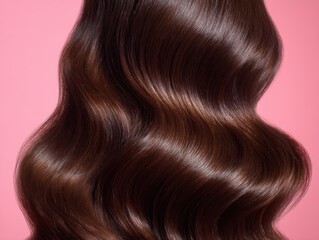 Fototapeta premium Glossy chestnut-brunette hair extensions with loose bouncy waves cascade over soft blush pink for beauty branding salon marketing cosmetic advertising fashion editorial retail design