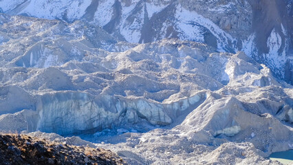 A rugged landscape of glacial ice, rocks, and debris in a high mountain region