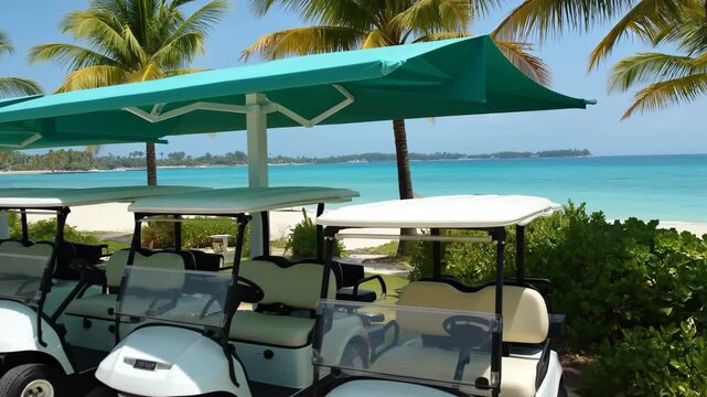 Row of white golf carts parked under a turquoise canopy on a tropical beach with palm trees and turquoise ocean water under a clear blue sky