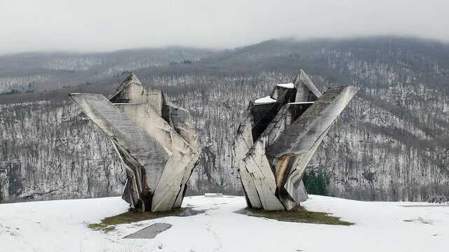 Tjentiste monument in snow, Bosnia and Herzegovina