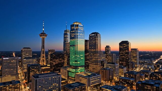 Evening Skyline View of Calgary City Center with Calgary Tower and Illuminated Buildings