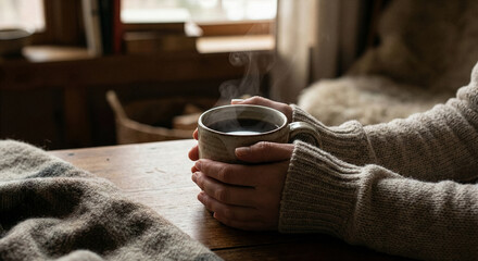 Warm sweater hand trust recession digital detox mental recovery comfort coffee cup on rustic wooden table by window