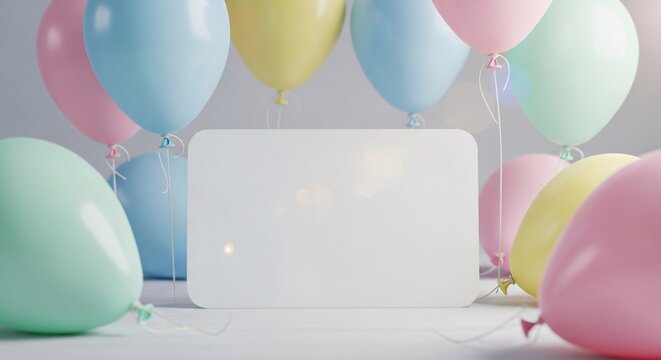 A clean white horizontal blank card mockup centered among a cluster of colorful pastel balloons (blue, pink, yellow, mint) for a festive celebration.