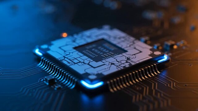 Closeup of Microchip with Blue LED Lights.