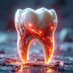 A glowing tooth with red veins on a dark background