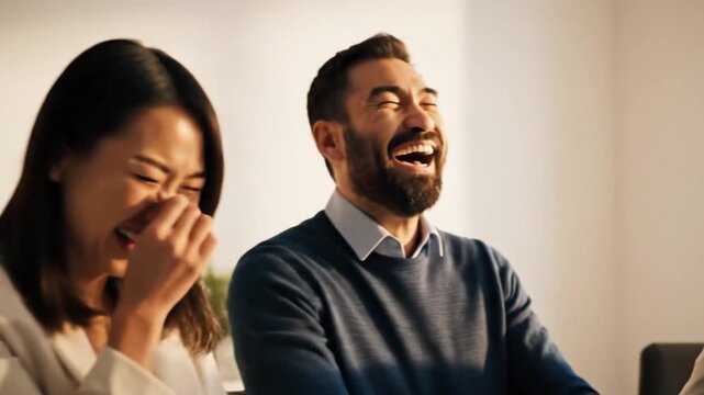 An intimate cinematic animation inspired by dslr photography capturing natural laughter during a team meeting with spontaneous framing expressive faces and lifelike detail all unfolding in a bright wh