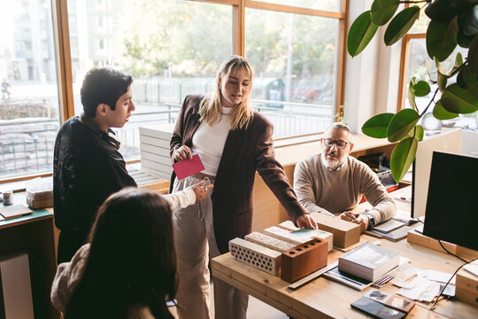 Female creative professional sharing design process with team in office