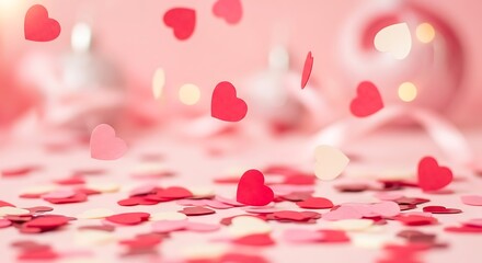 Falling red heart shaped confetti on pink background