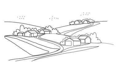 Obraz premium Rural landscape with rolling hills and houses