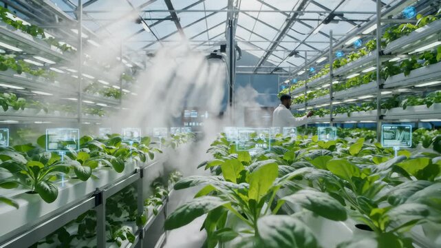 Researcher Examining Plants in Advanced Hydroponic Greenhouse System