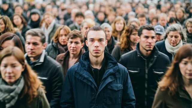 Dense urban crowd moving forward in slow motion expressing anonymity pressure and collective motion in modern society capturing social tension daily routine and contemporary city life dynamics