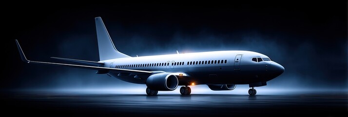 A commercial airplane positioned on a runway at night, illuminated by soft lighting, viewed from the side with engines visible.