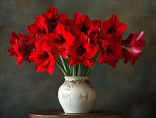 Large bright red amaryllis flowers in an elegant vase