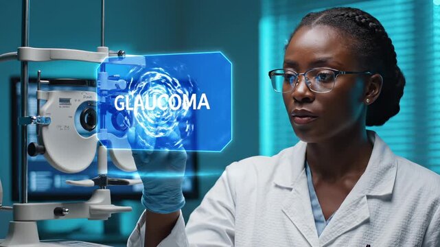 Doctor examines glaucoma diagnosis on futuristic hologram. Female doctor touches digital screen. Medical eye doctor analyzes glaucoma data. Technology aids diagnosis. Doctor works in clinic.