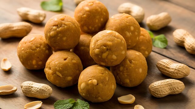Delicious peanut butter balls arranged on a rustic wooden surface