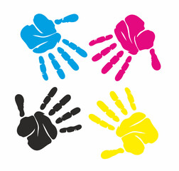 Fototapeta premium Set of four CMYK painted handprints on white, playful messy stamps with clear finger shapes and paint blobs. Concept of teamwork, diversity, kids art, school projects, and community care.