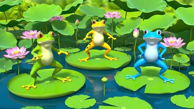 Three colorful frogs dance atop lily pads in a bright pond scene; children's cartoon style, vibrant, playful, inviting, lighthearted.