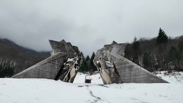 Tjentiste monument in snow, Bosnia and Herzegovina