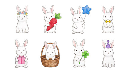 Obraz premium Cute white rabbit illustration set including bunnies with flower crown, carrot, balloon, gift, basket, clover, and party hat isolated. Easter holiday and spring celebration.
