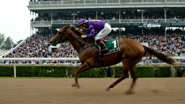 horse and jockey race on racetrack. horse gallop past grandstand. rider grips reins. motion conveys speed. action emphasizes competition. trackside stand visible. stadium crowd remain seated.